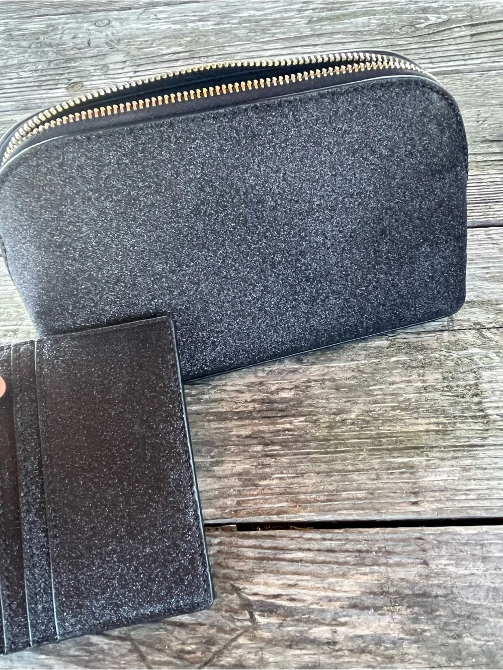 kate spade Black Glitter Cosmetic Pouch & Card Holder Set never used,